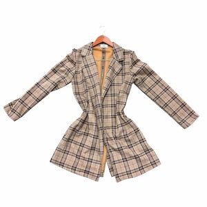 Y2K Brown Plaid Longline Blazer Office Siren S
